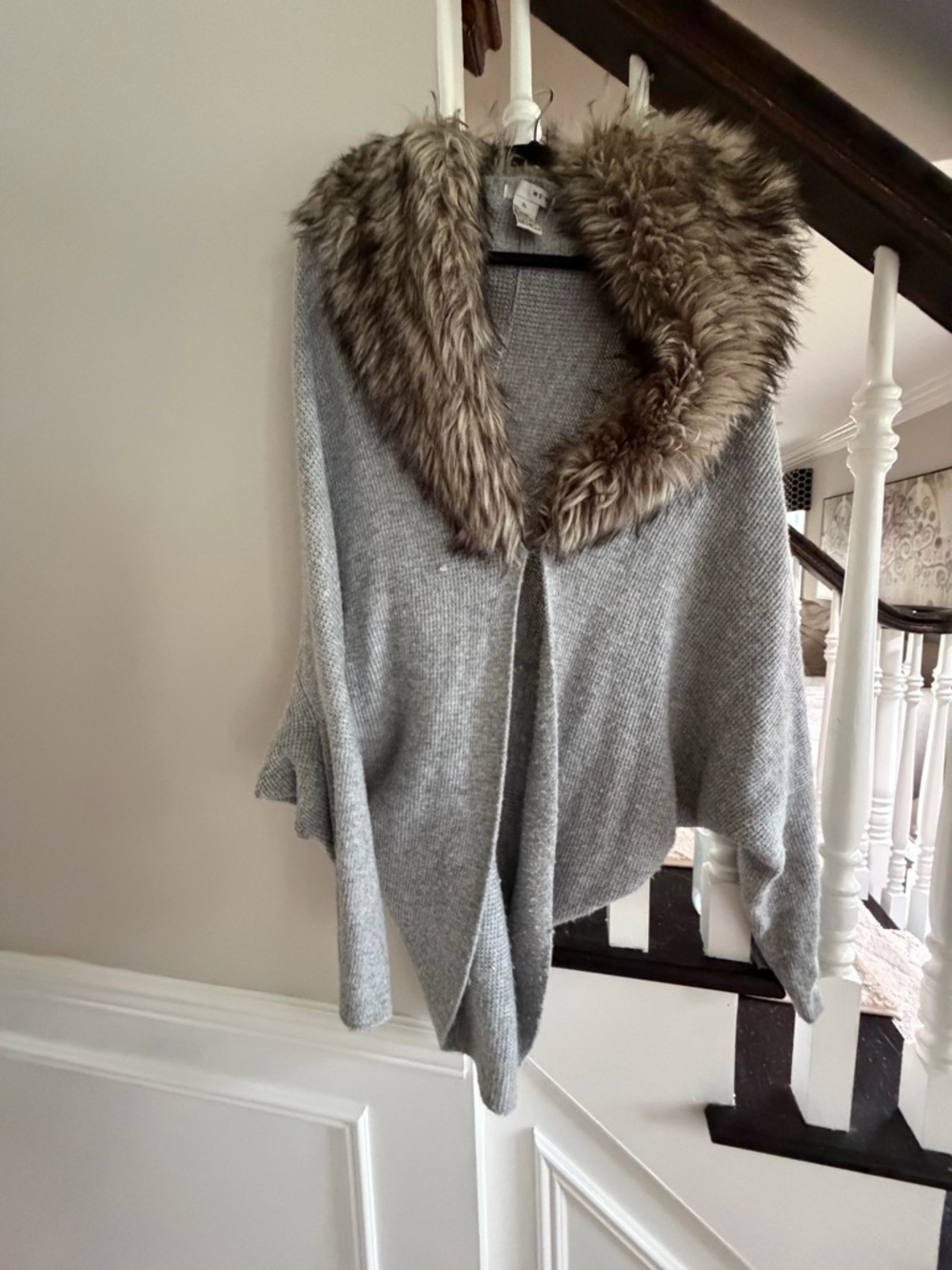 WD.NY Gray Knit Sweater Wrap with Faux Fur Collar